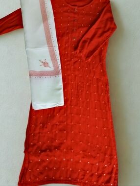 Indian Pakistani Two Piece Outfit - Dress and Scarf in Red, White and Silver